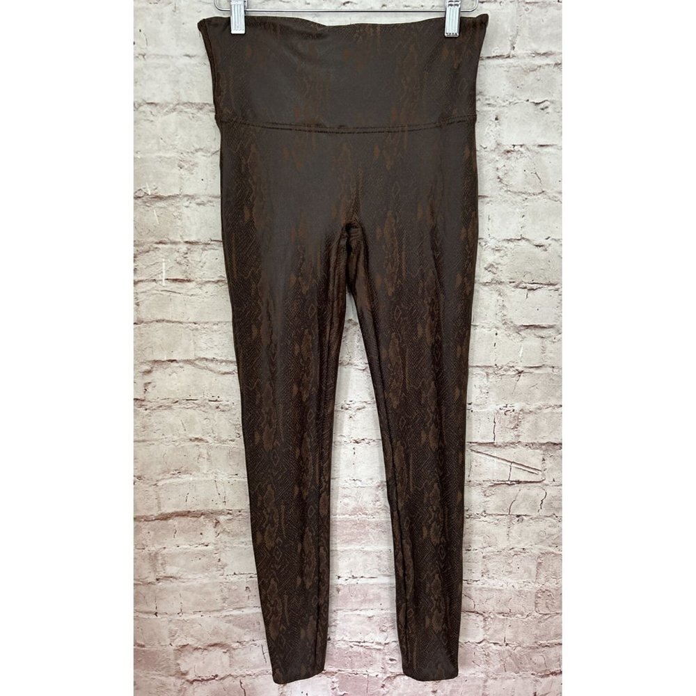 SPANX Womens Faux Leather Snakeskin Leggings Vegan Brown Black Size Large